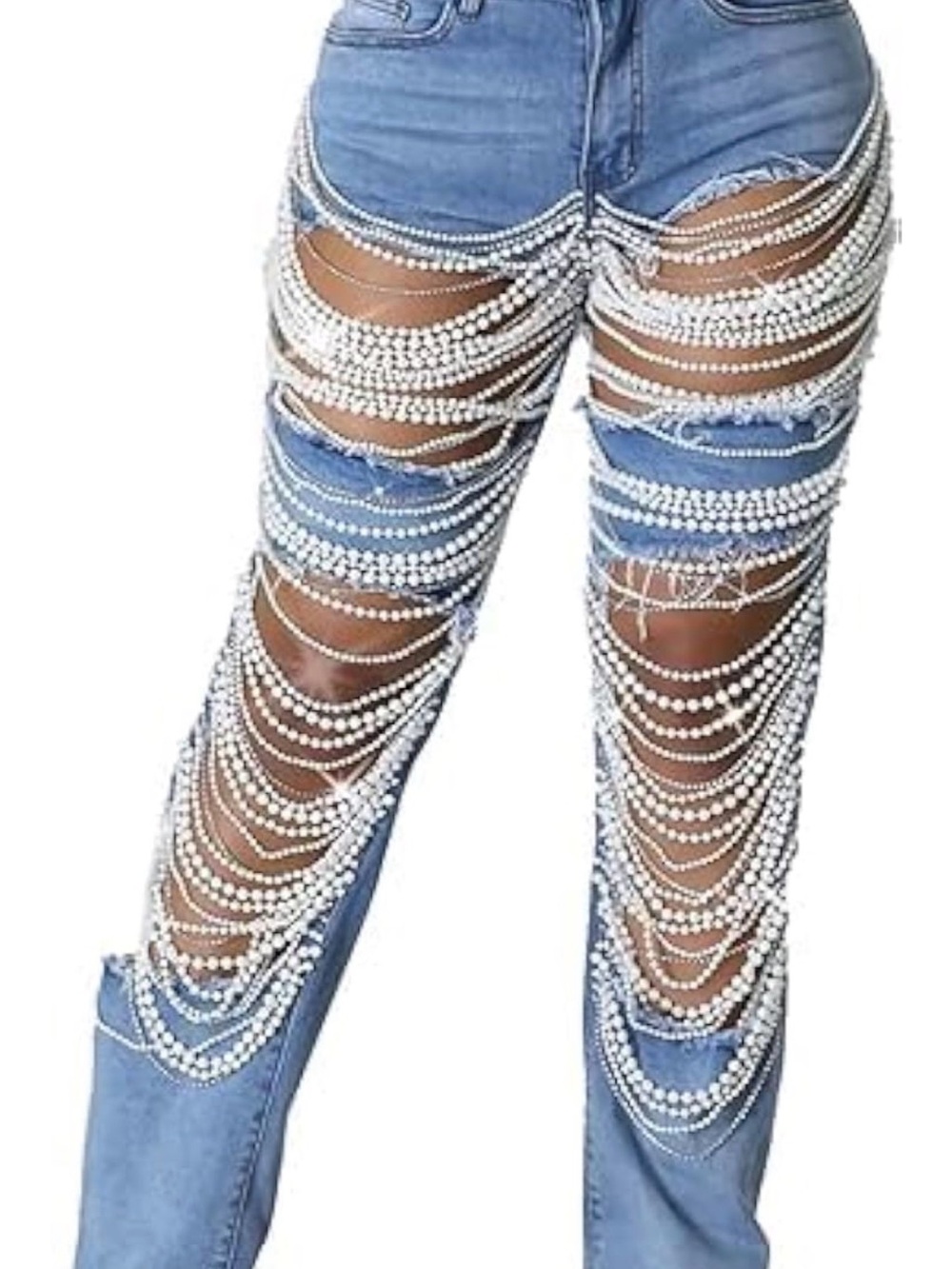 Rhinestone Fringe Distressed Blue Women’s Skinny Jeans Pearls Night-out Club